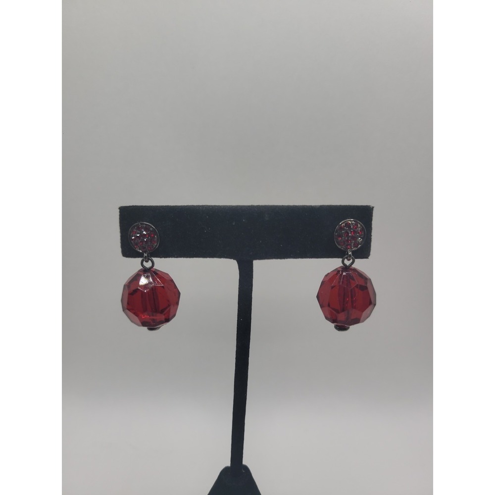Vintage Red Faceted Crystal Bead Drop Earrings Gunmetal Tone Pavé Rhinestone Stu